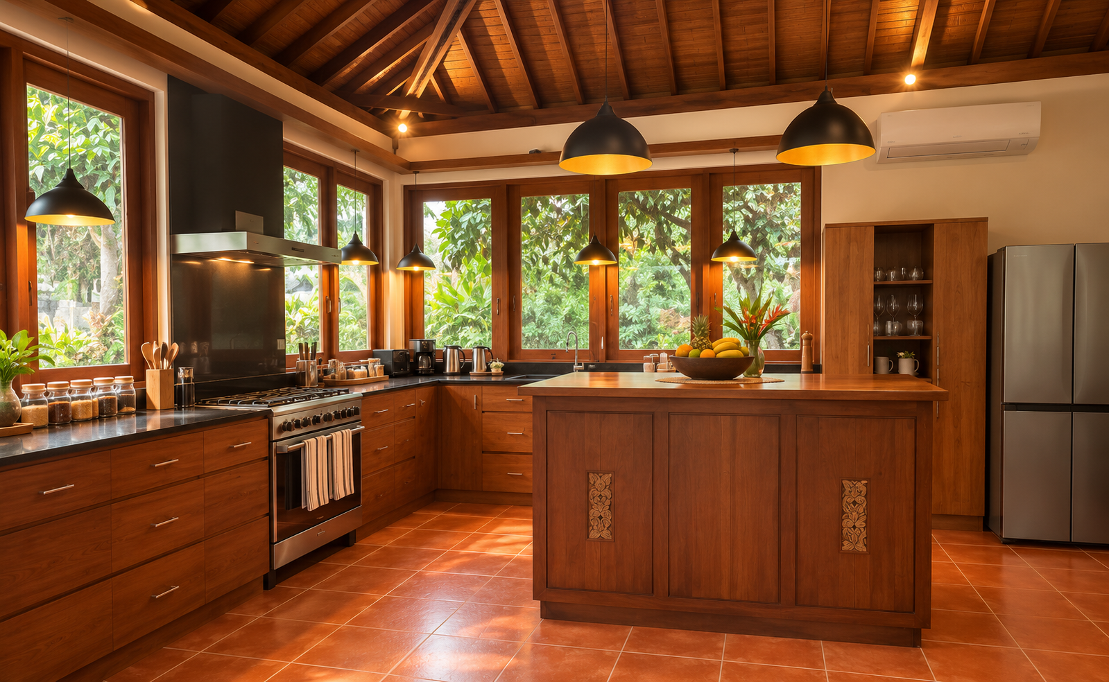 Warm timber kitchen at Tenang Saja Villas