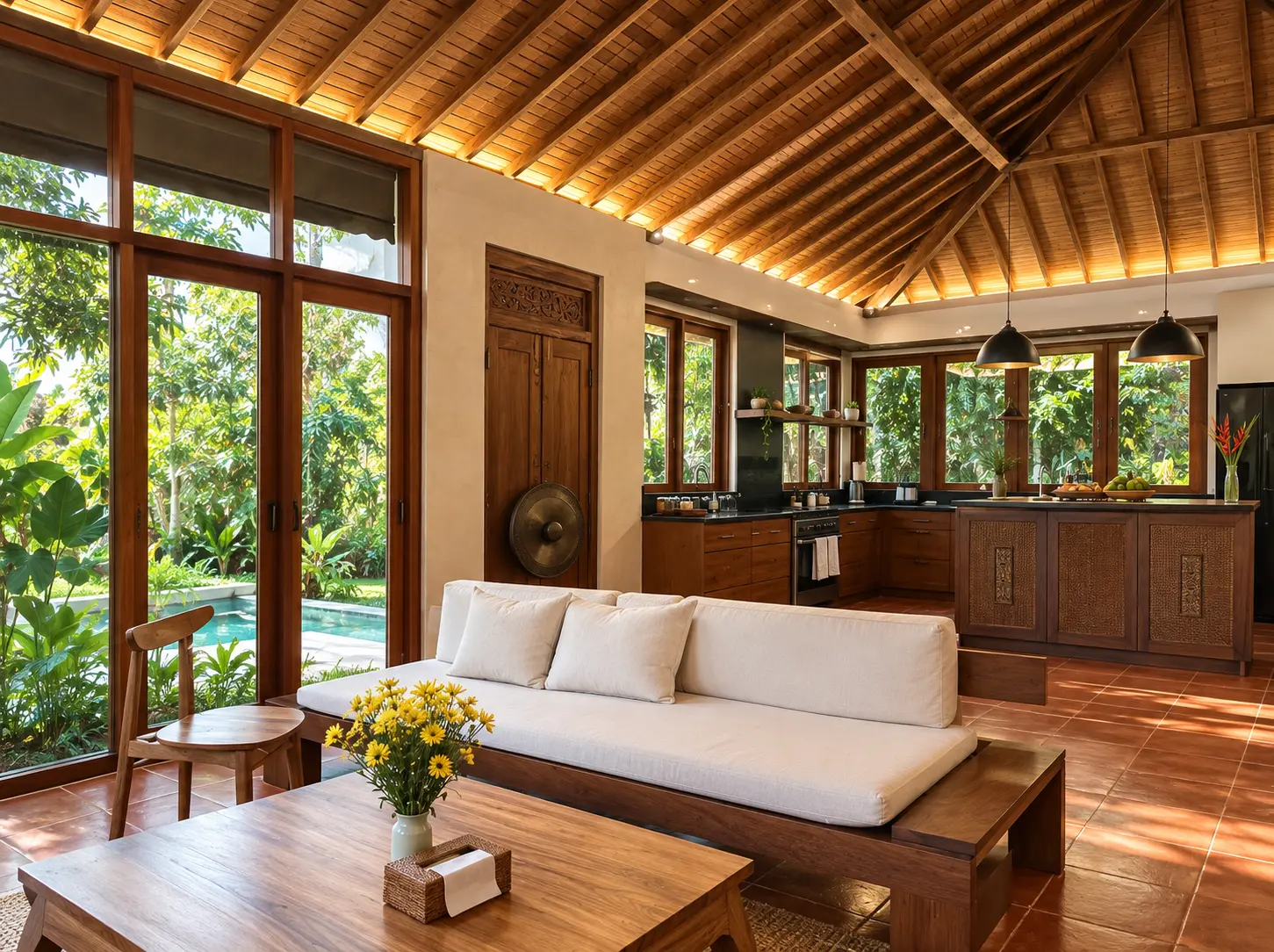 Open living room and traditional timber architecture