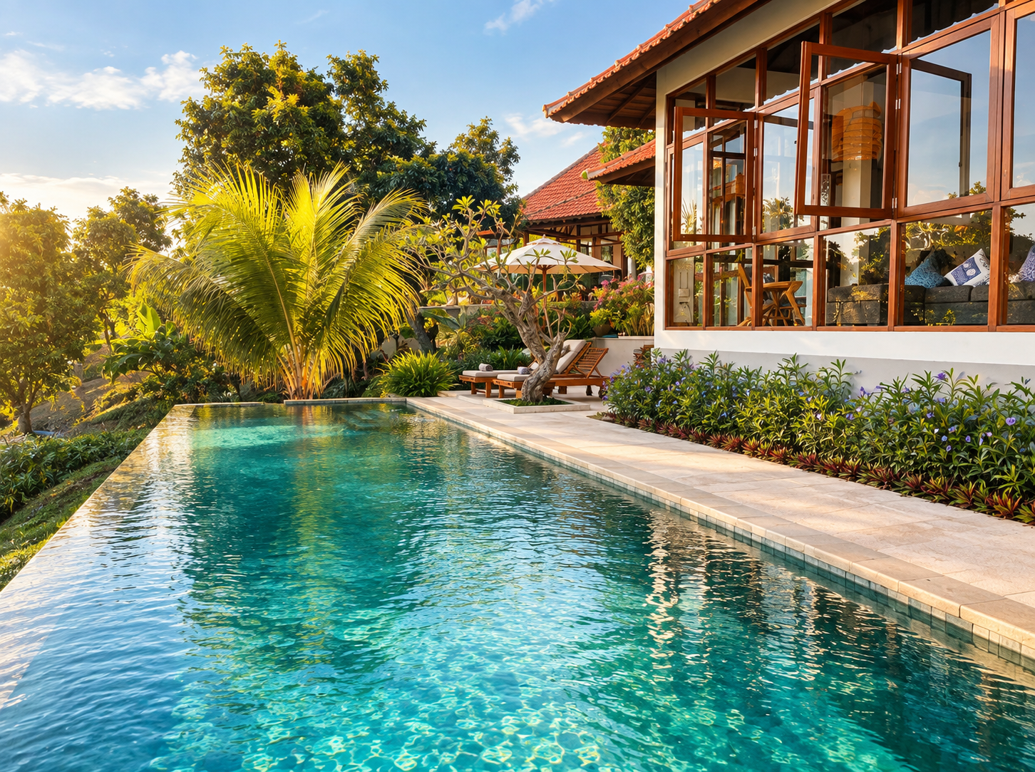 Infinity pool and tropical gardens at Tenang Saja Villas